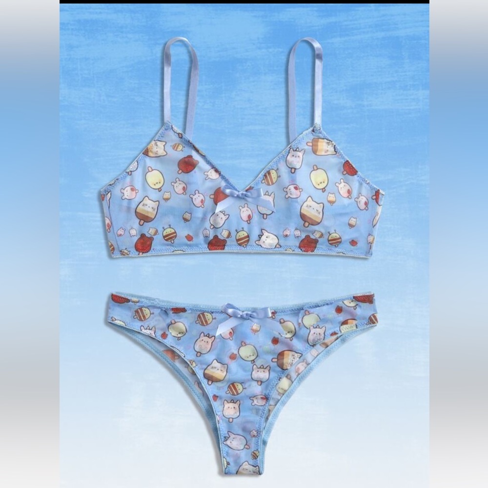Cute Cartoon Graphic Animals Bow Kawaii Lingerie Set + Black Sexy Pantyhose